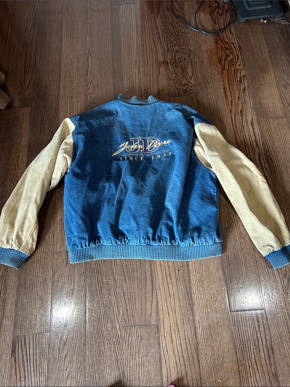 VtgJohn Deere Denim-Blue Jacket with Tan Sleeves logo Turning point jacket XXL